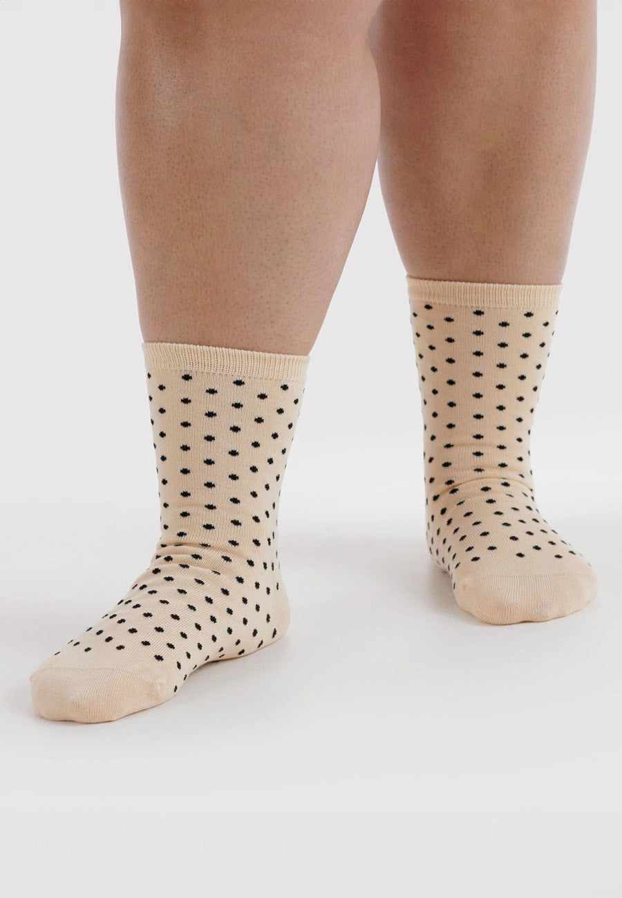 Baggu Crew Sock Micro Cream and Black Polka Dot