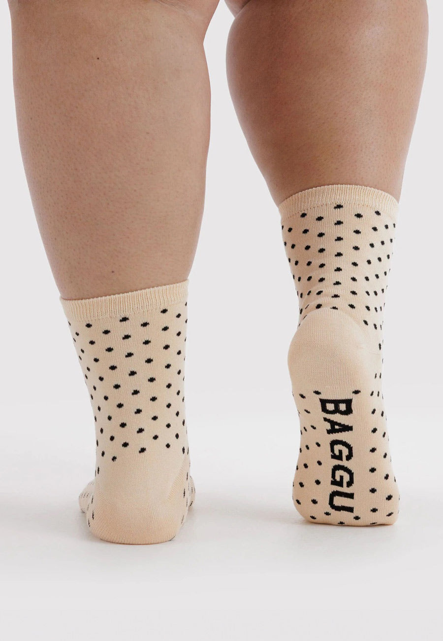 Baggu Crew Sock Micro Cream and Black Polka Dot