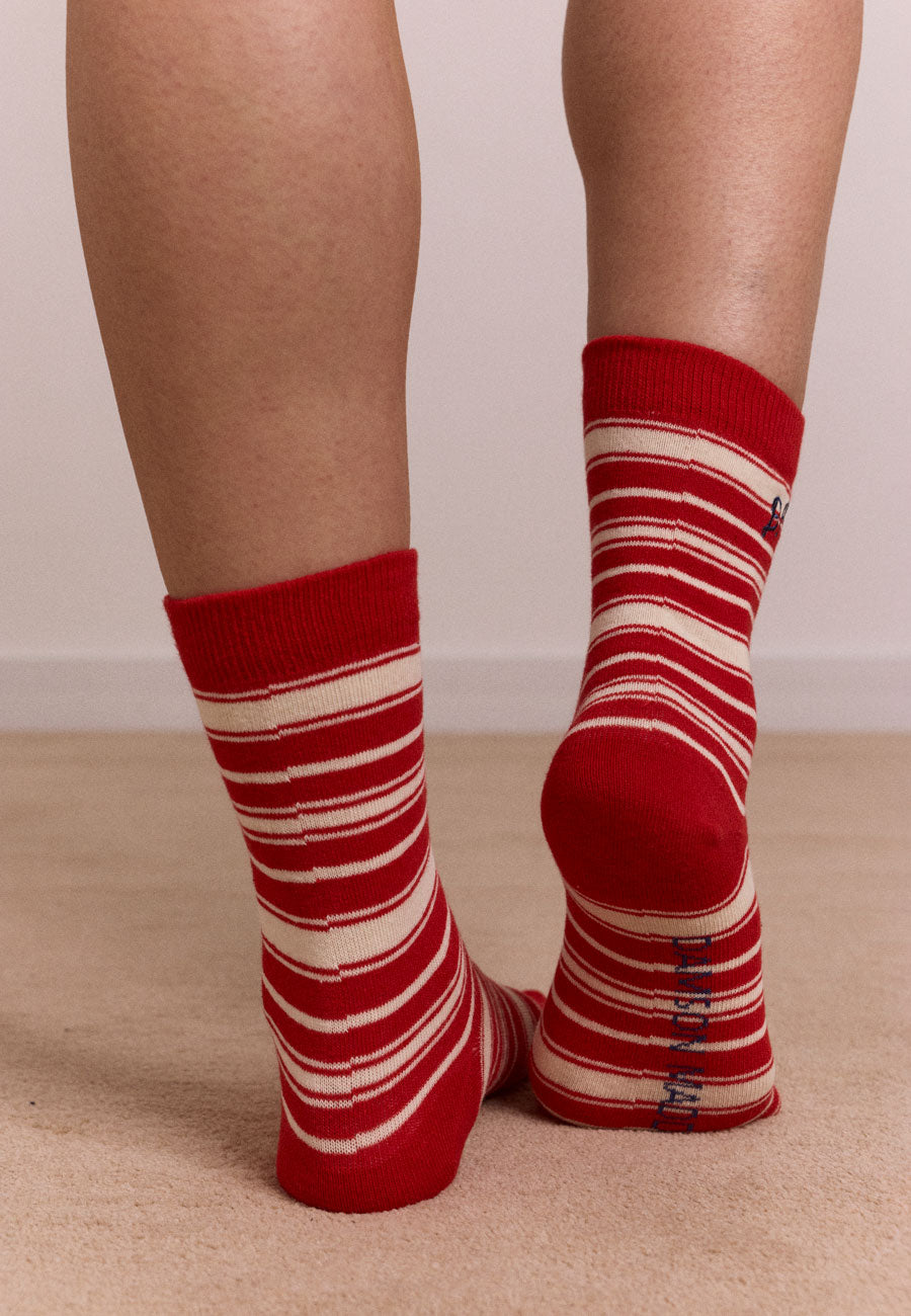 Damson Madder Calf Length Socks Cream & Red Stripe