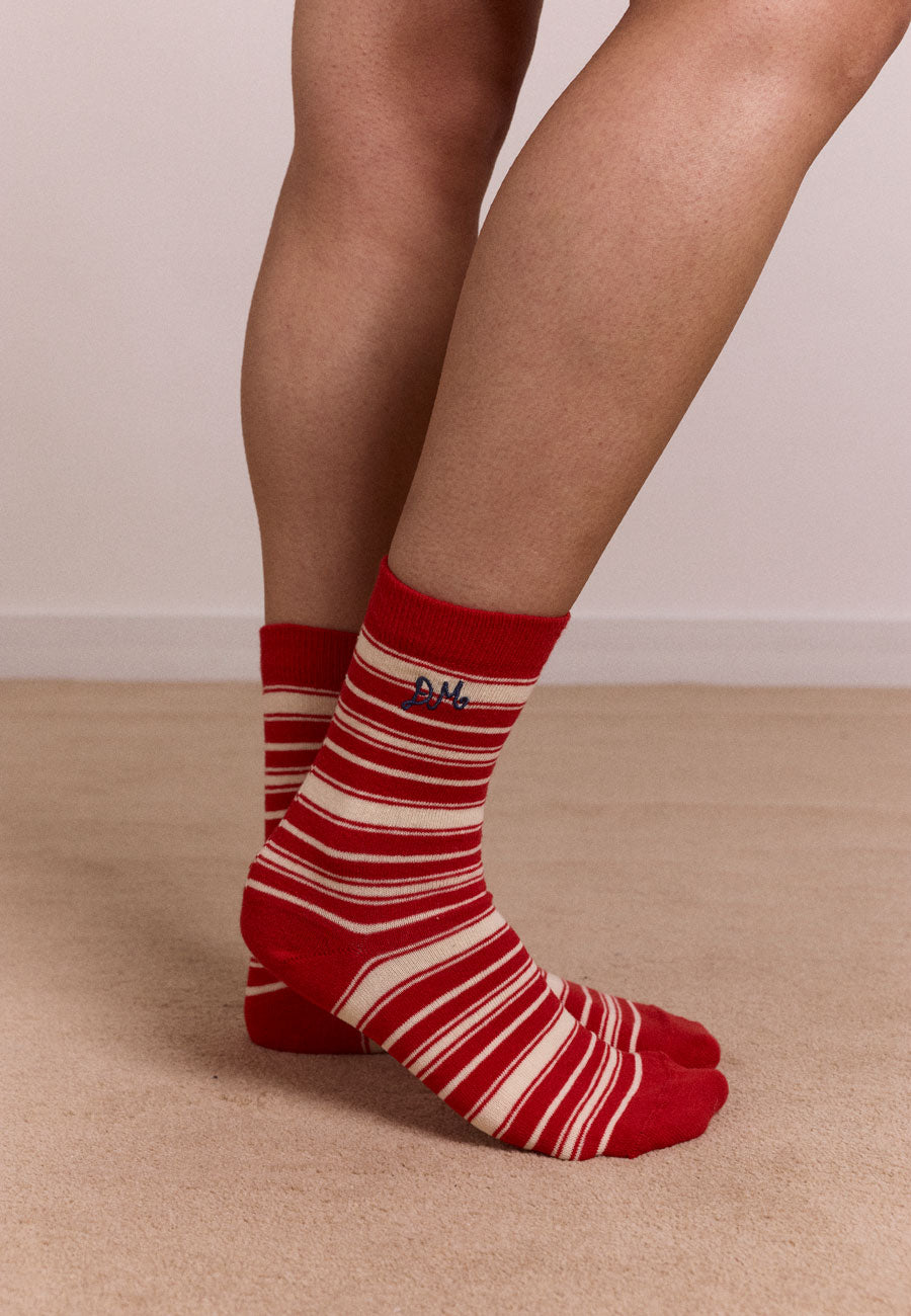 Damson Madder Calf Length Socks Cream & Red Stripe