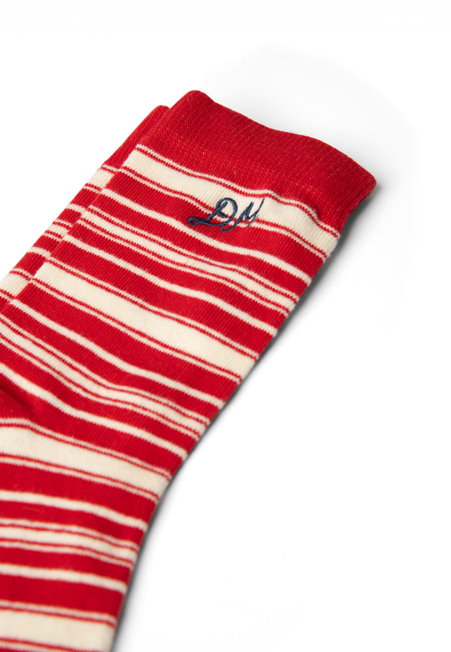 Damson Madder Calf Length Socks Cream & Red Stripe