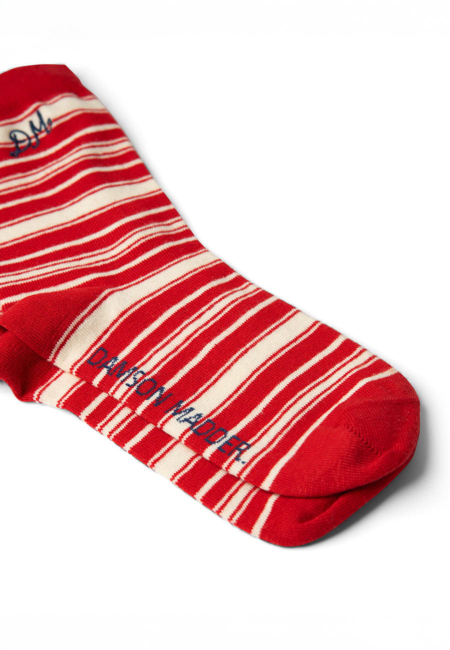 Damson Madder Calf Length Socks Cream & Red Stripe