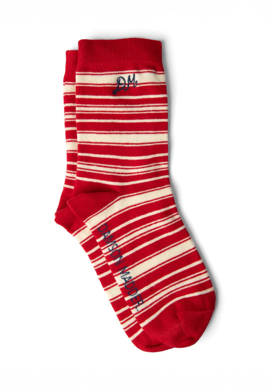 Damson Madder Calf Length Socks Cream & Red Stripe
