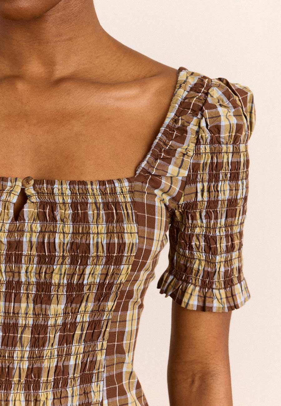 Damson Madder Molly Short Sleeve Shirred Midi Dress Cocoa Check