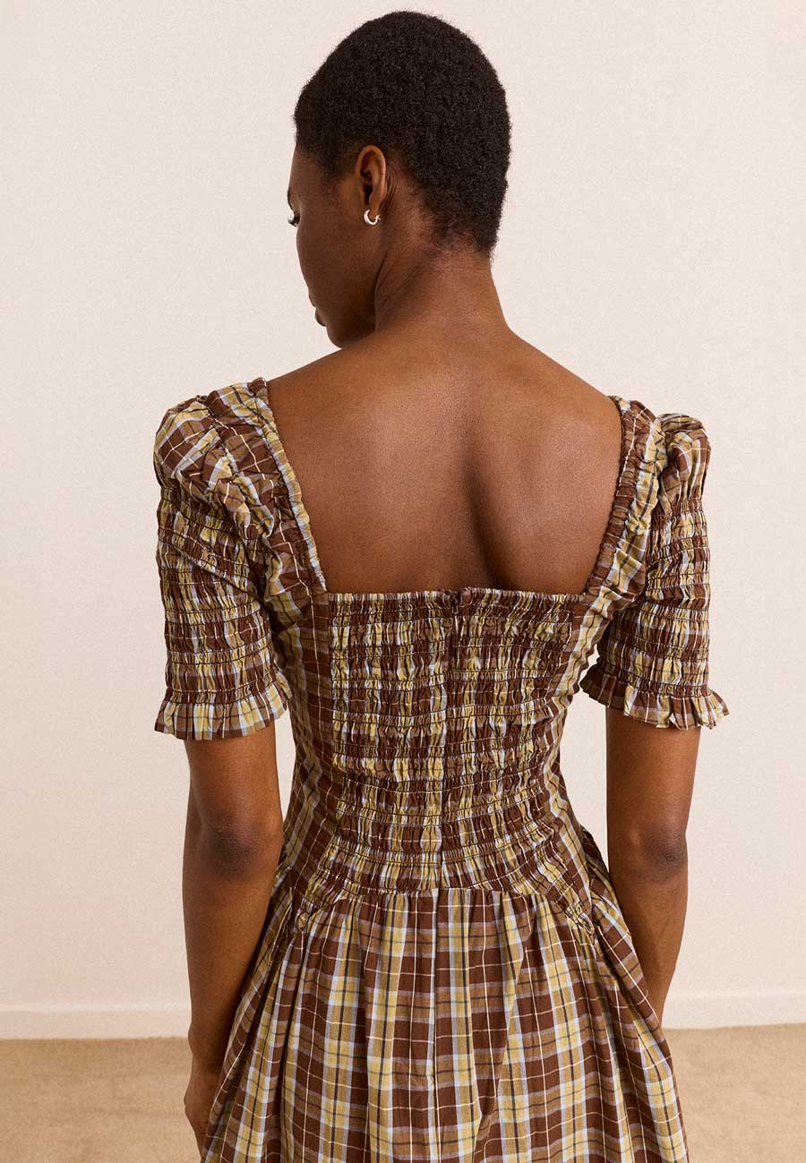 Damson Madder Molly Short Sleeve Shirred Midi Dress Cocoa Check