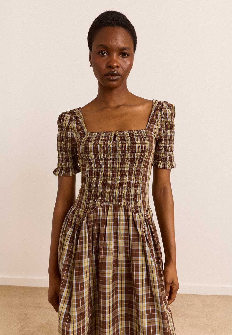 Damson Madder Molly Short Sleeve Shirred Midi Dress Cocoa Check