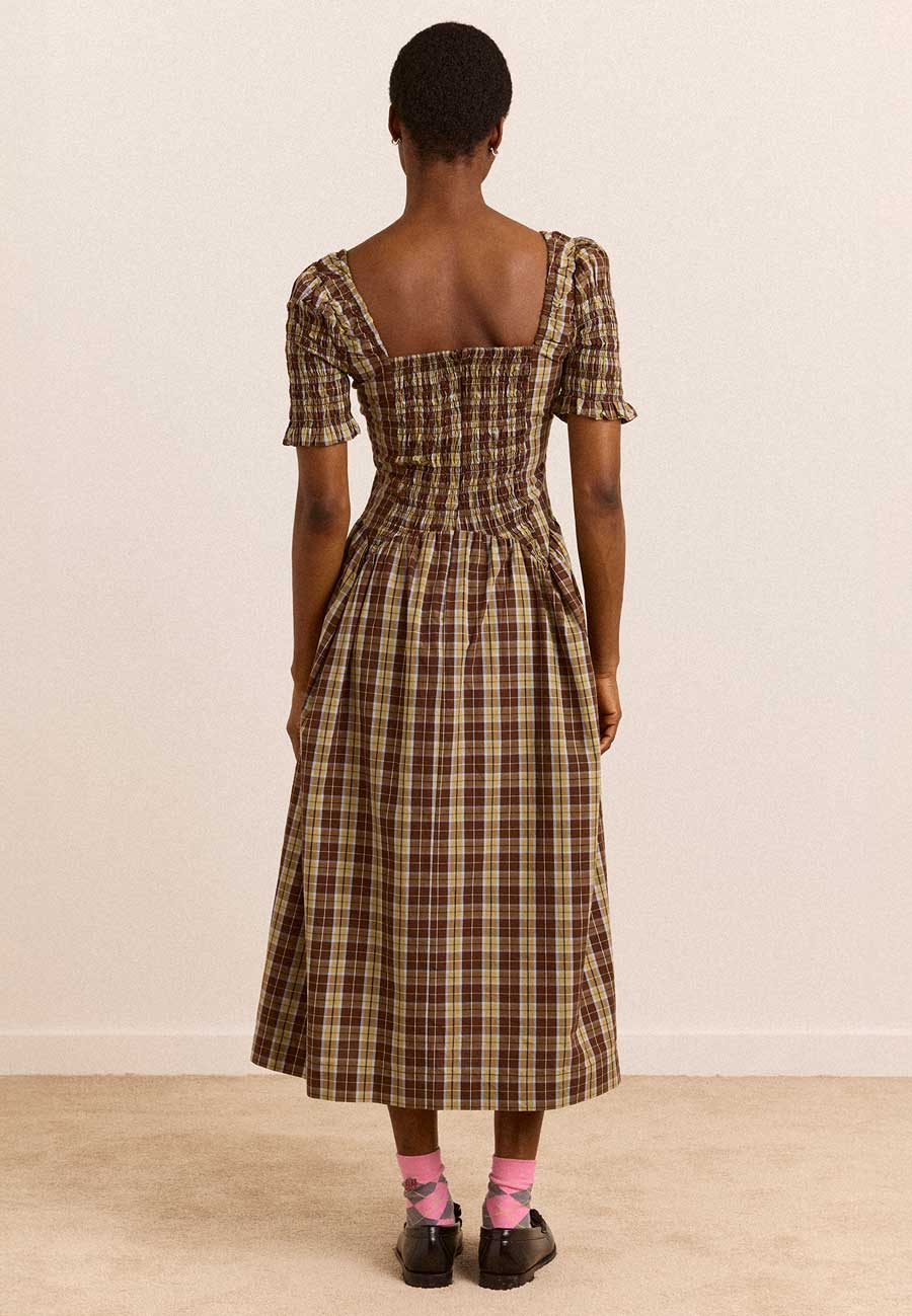 Damson Madder Molly Short Sleeve Shirred Midi Dress Cocoa Check