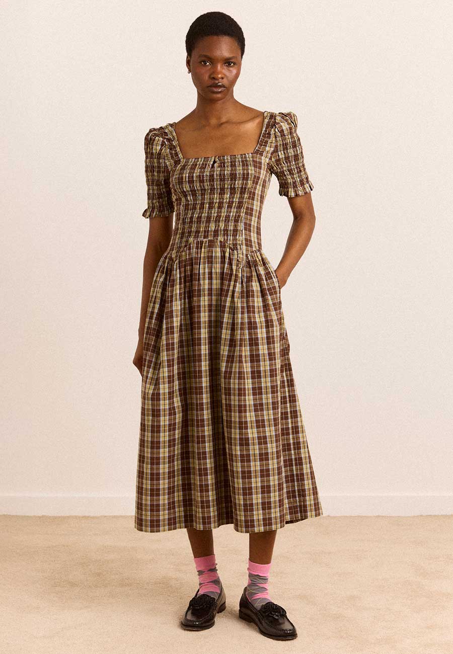 Damson Madder Molly Short Sleeve Shirred Midi Dress Cocoa Check