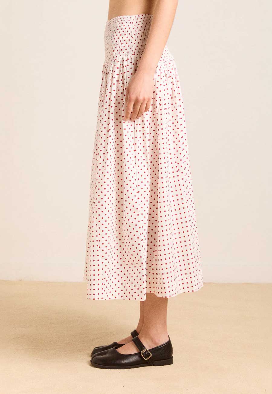 Damson Madder Layla Godet Midi Skirt Off White & Red Spot