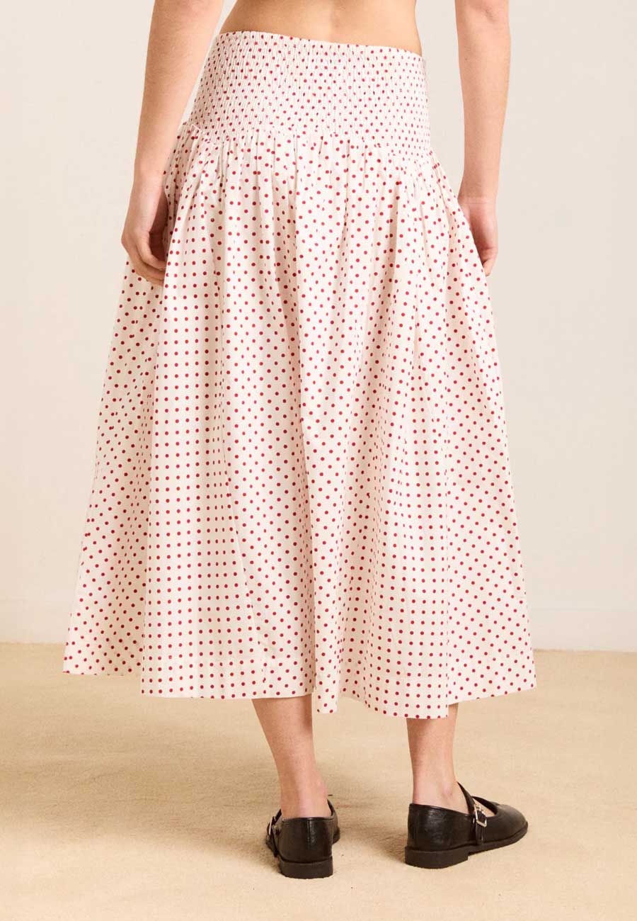 Damson Madder Layla Godet Midi Skirt Off White & Red Spot