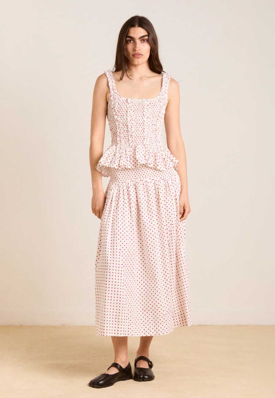 Damson Madder Layla Godet Midi Skirt Off White & Red Spot