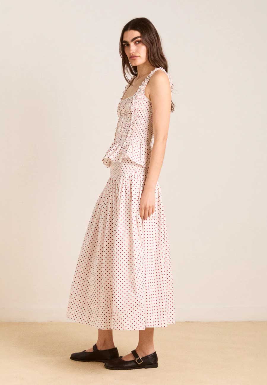 Damson Madder Layla Godet Midi Skirt Off White & Red Spot