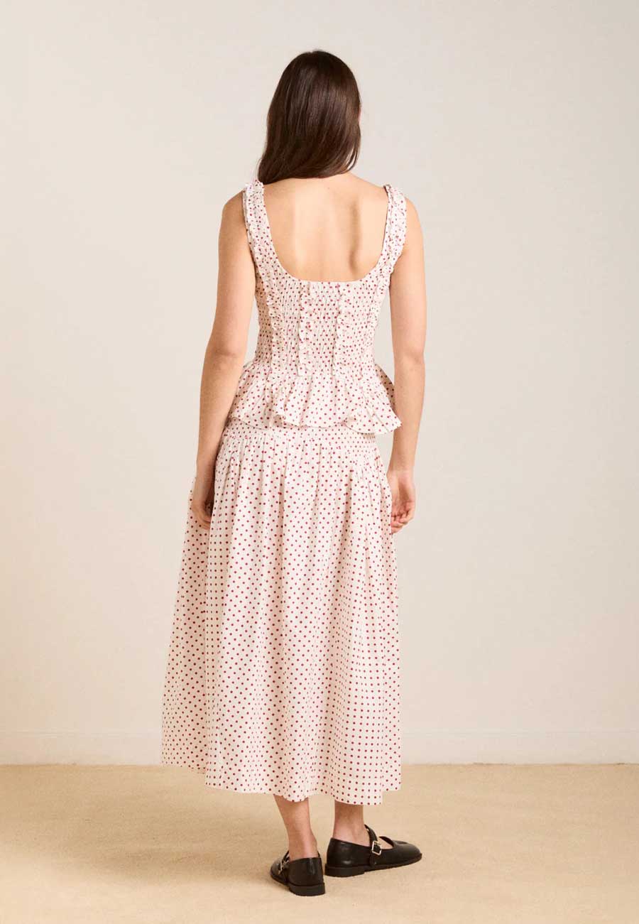 Damson Madder Layla Godet Midi Skirt Off White & Red Spot
