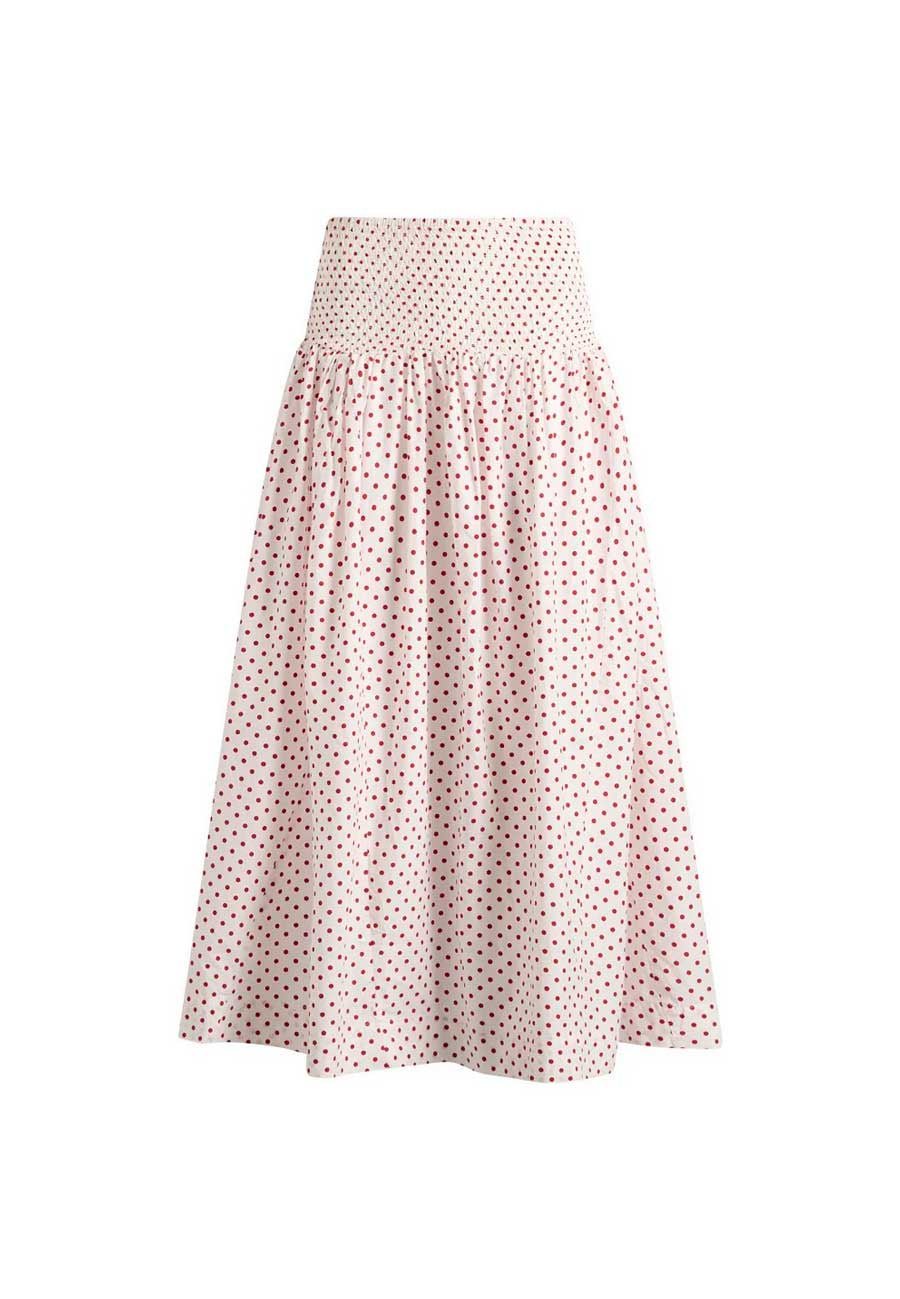 Damson Madder Layla Godet Midi Skirt Off White & Red Spot
