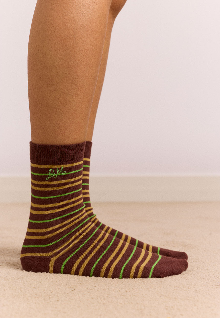 Damson Madder Calf Length Stripe Socks Choc Lime