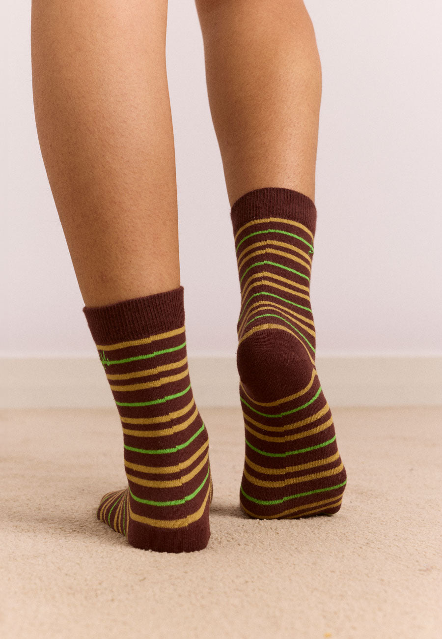 Damson Madder Calf Length Stripe Socks Choc Lime