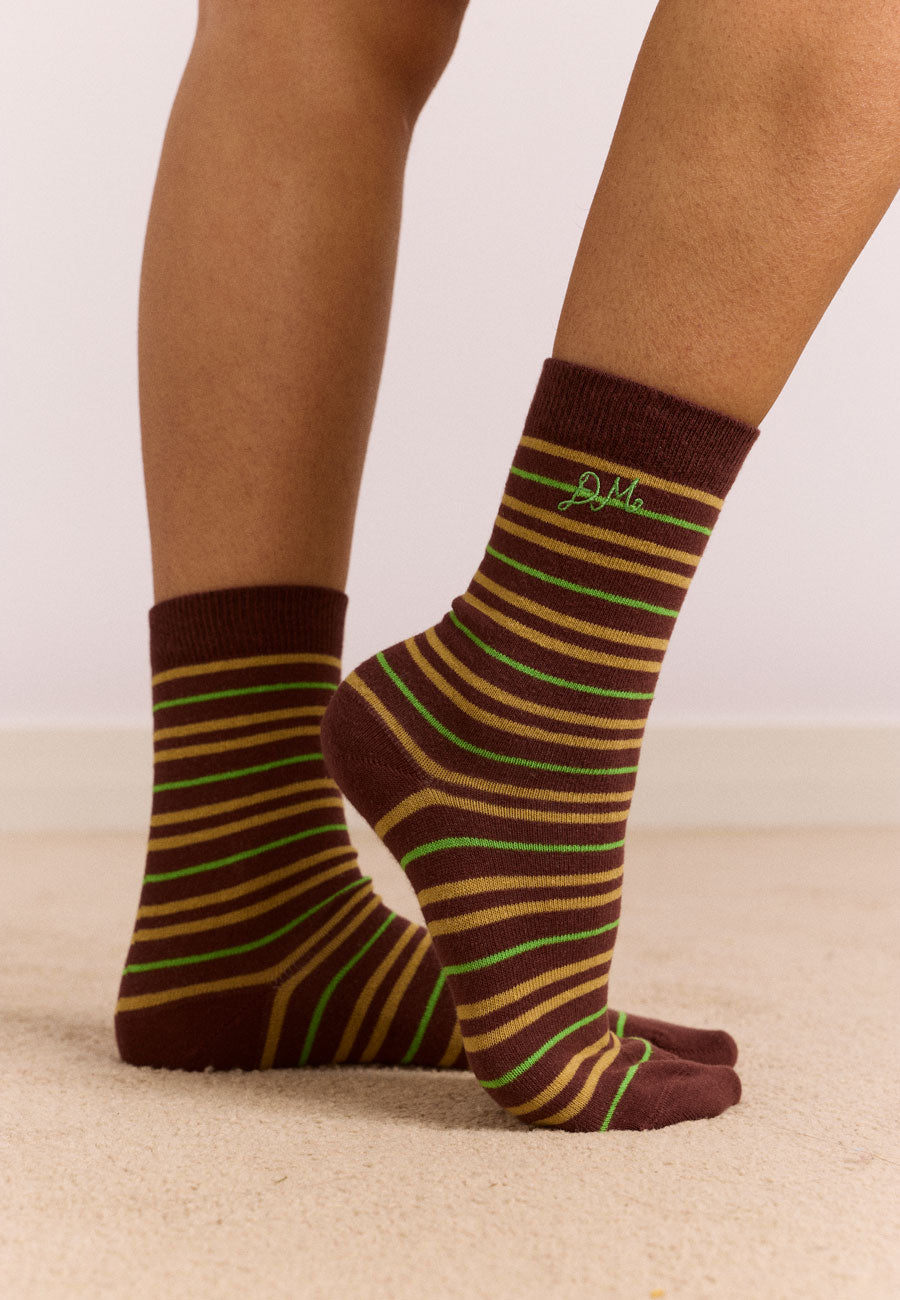 Damson Madder Calf Length Stripe Socks Choc Lime