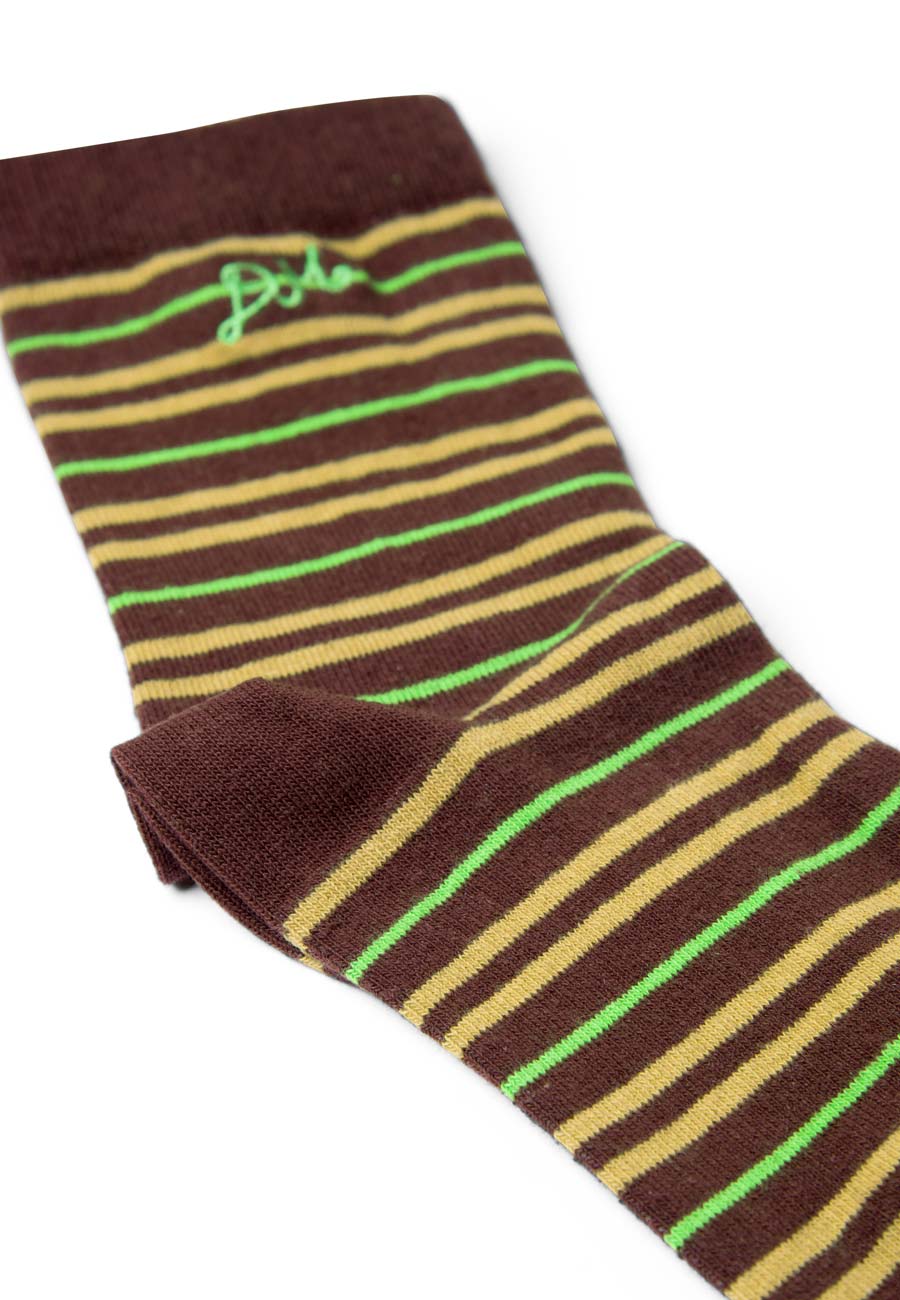 Damson Madder Calf Length Stripe Socks Choc Lime
