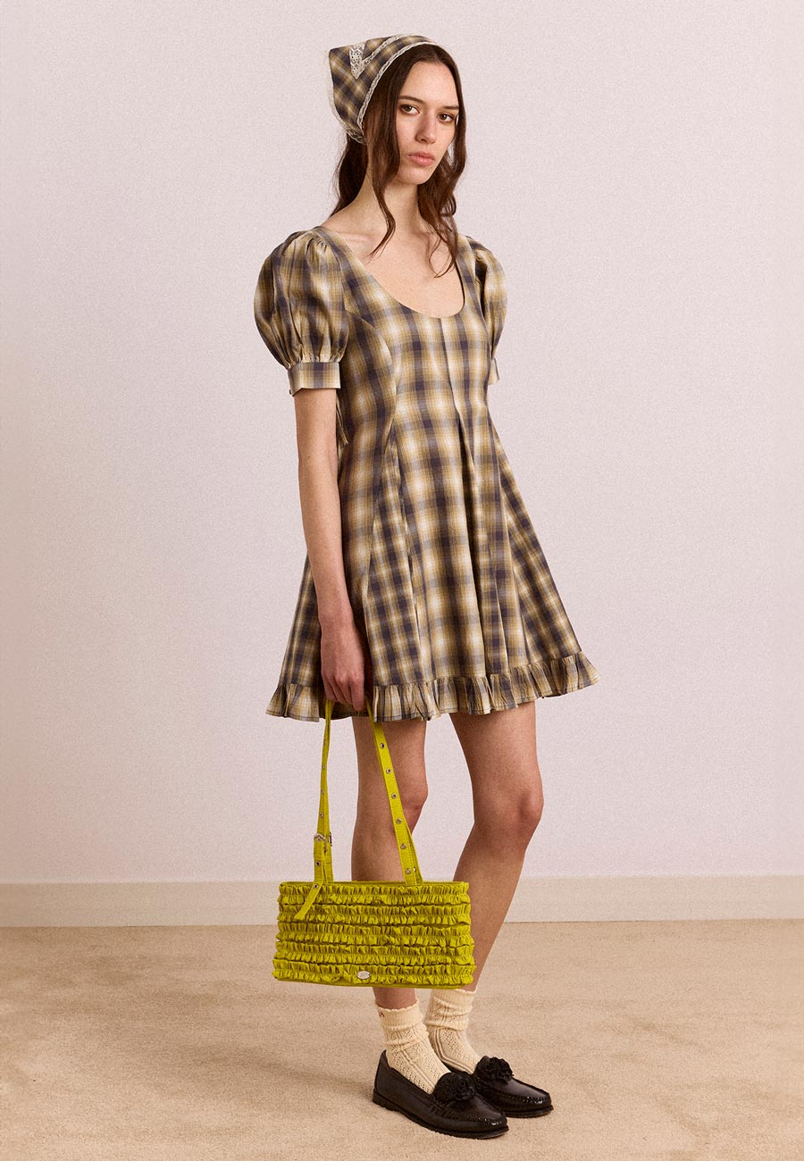 Damson Madder Sabina Mini Godet Dress Cardamon Check