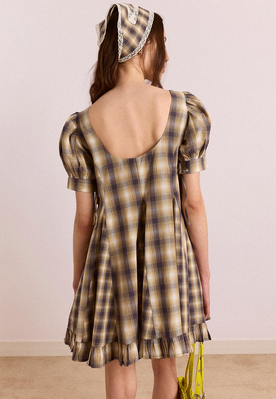 Damson Madder Sabina Mini Godet Dress Cardamon Check