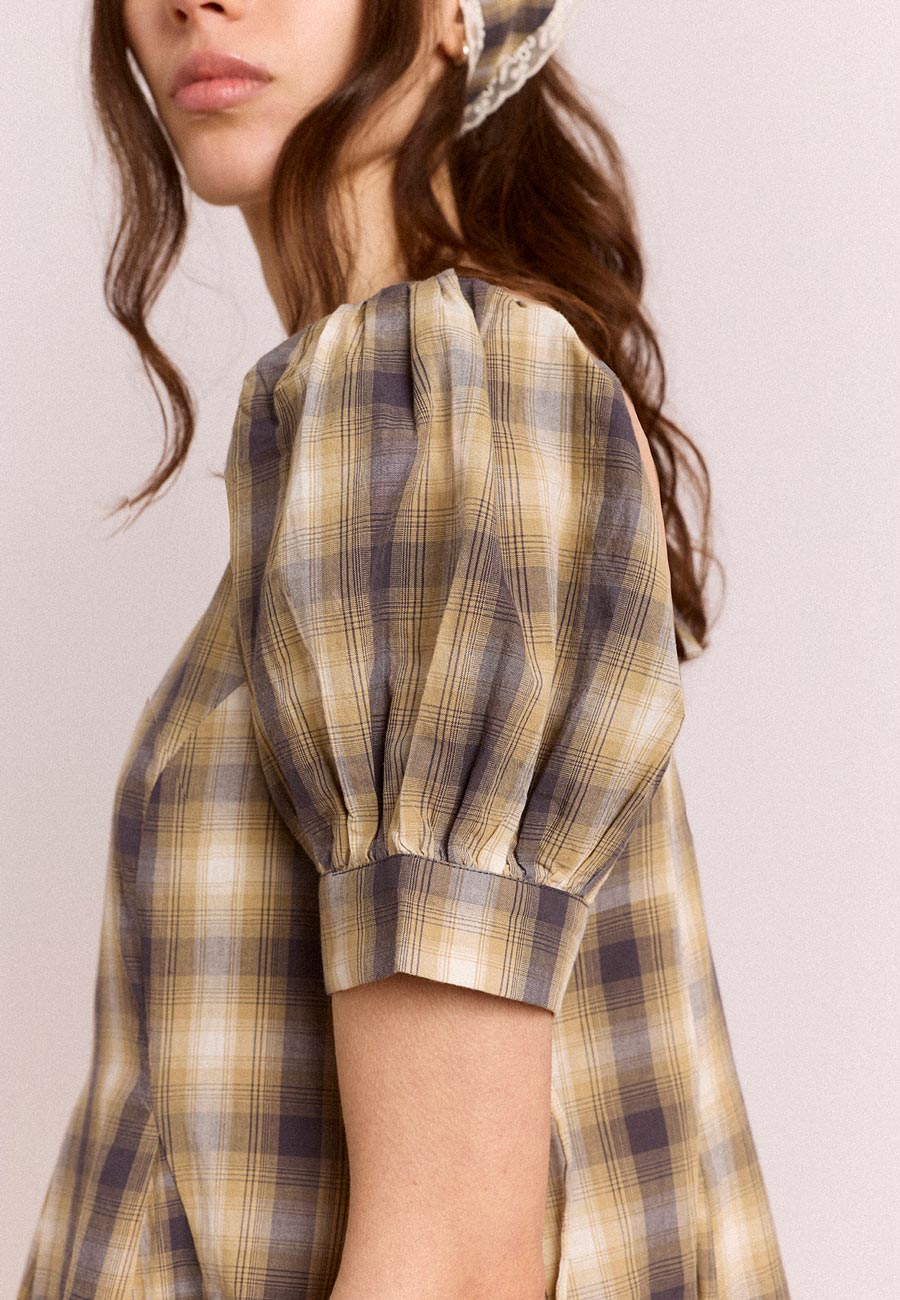 Damson Madder Sabina Mini Godet Dress Cardamon Check