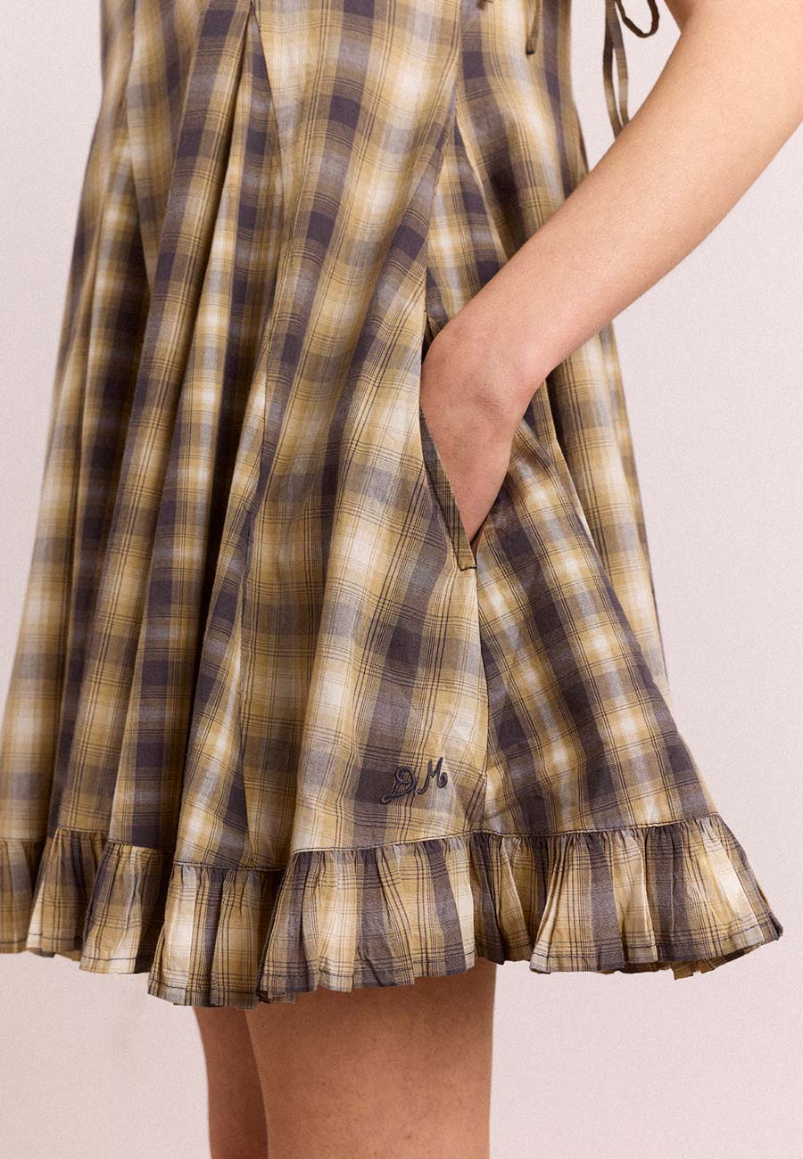 Damson Madder Sabina Mini Godet Dress Cardamon Check