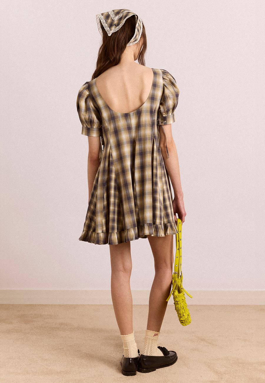 Damson Madder Sabina Mini Godet Dress Cardamon Check