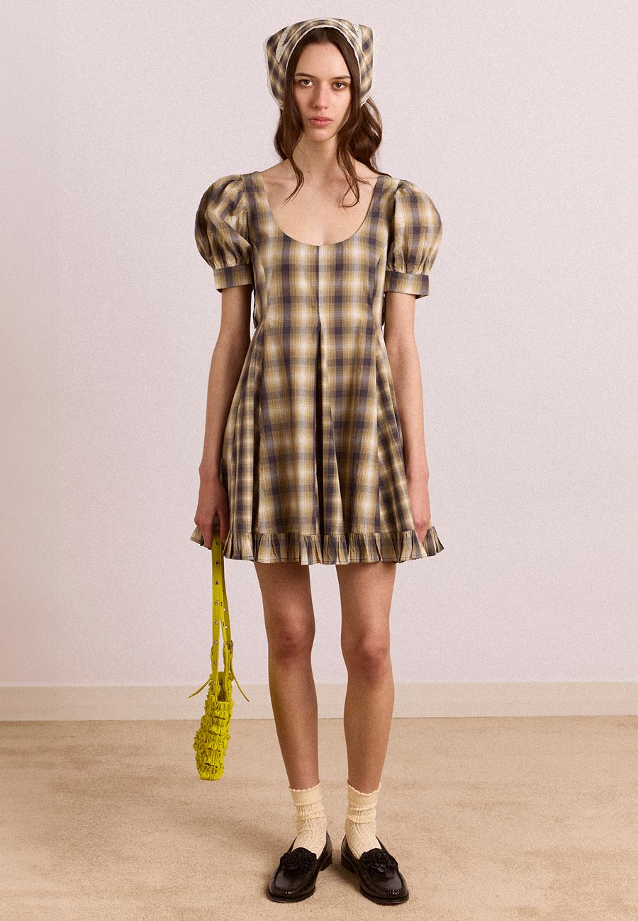 Damson Madder Sabina Mini Godet Dress Cardamon Check