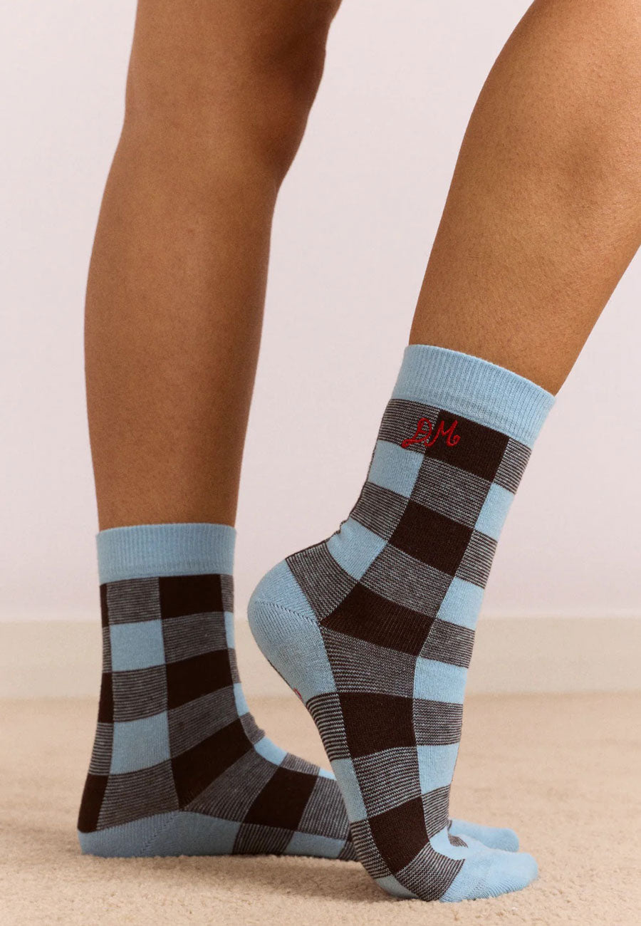 Damson Madder Calf Length Gingham Socks Pale Blue Choc