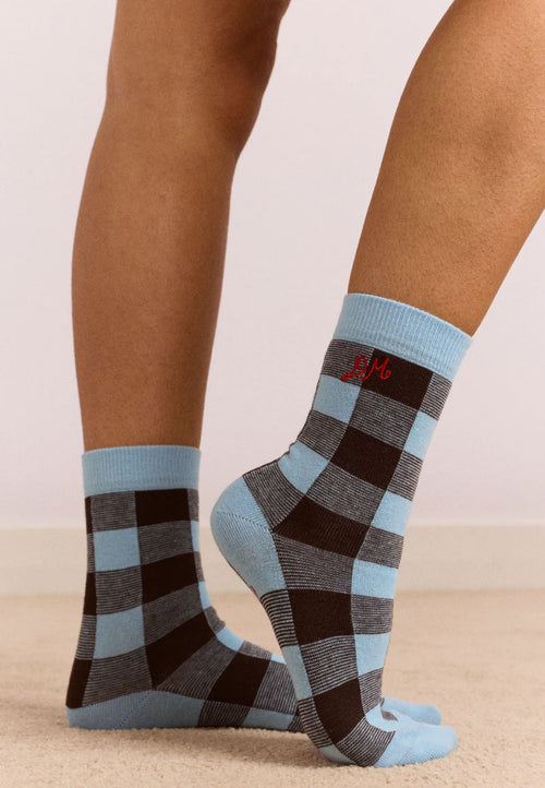 Damson Madder Calf Length Gingham Socks Pale Blue Choc