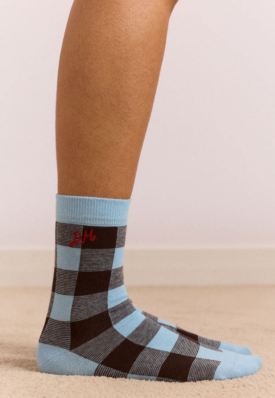 Damson Madder Calf Length Gingham Socks Pale Blue Choc