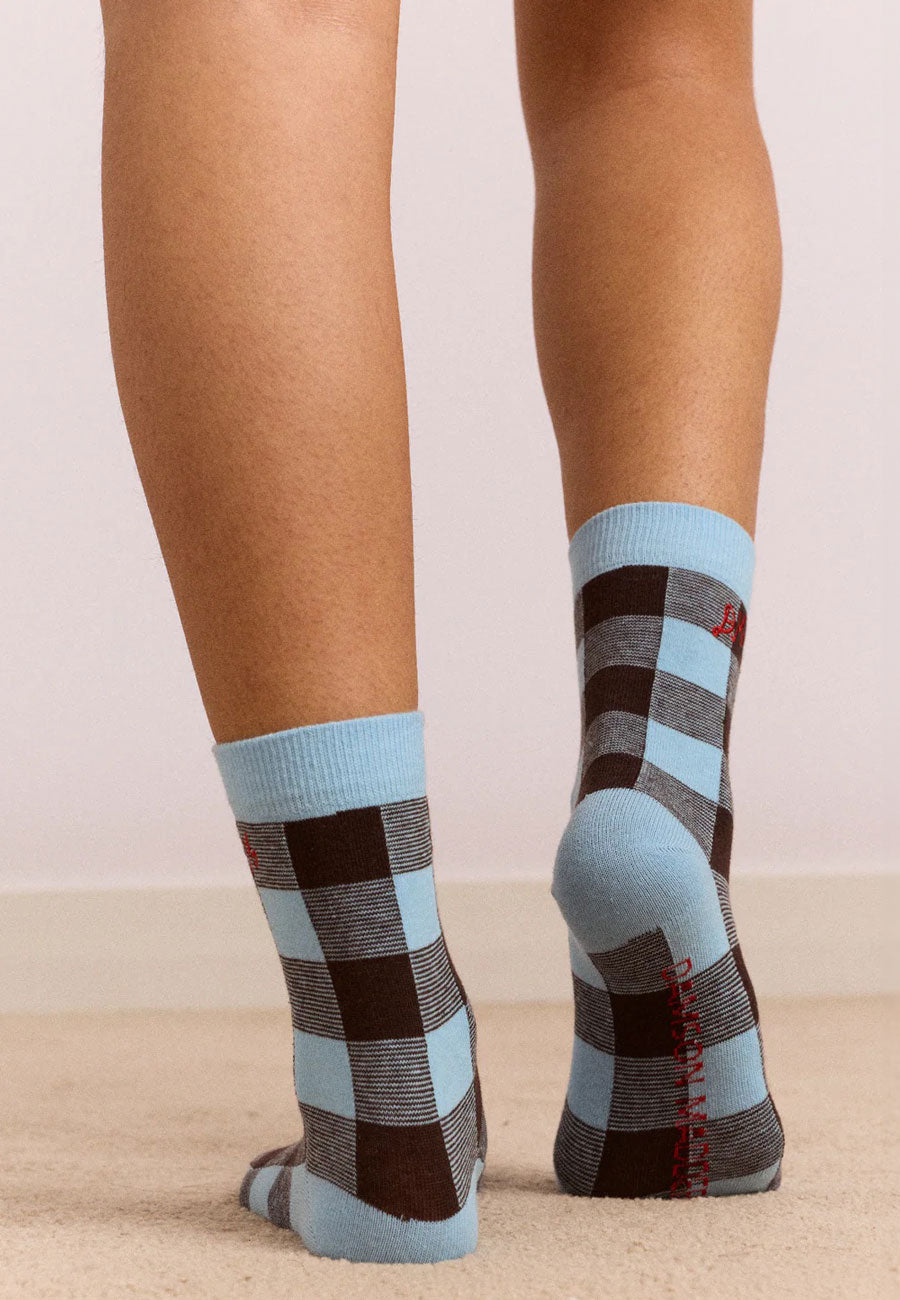 Damson Madder Calf Length Gingham Socks Pale Blue Choc