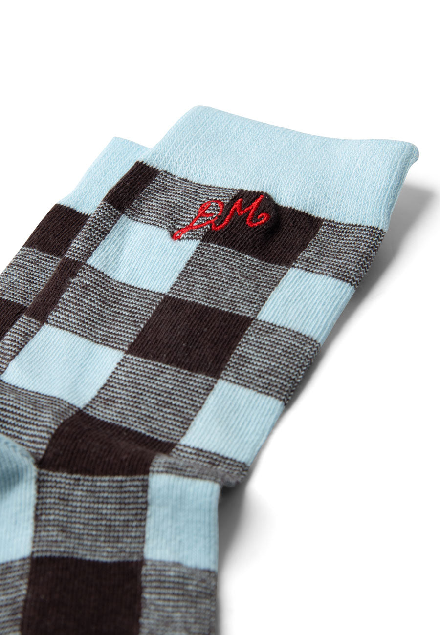 Damson Madder Calf Length Gingham Socks Pale Blue Choc