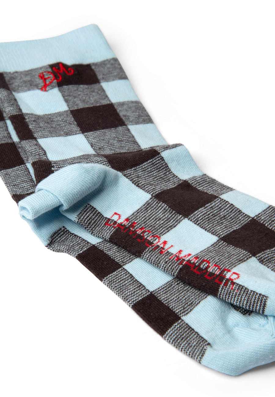 Damson Madder Calf Length Gingham Socks Pale Blue Choc