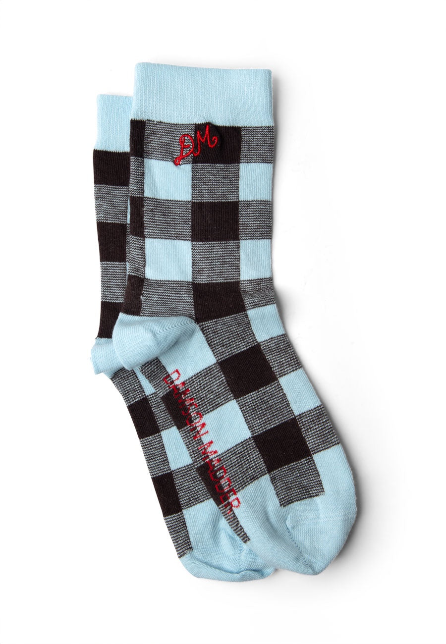 Damson Madder Calf Length Gingham Socks Pale Blue Choc