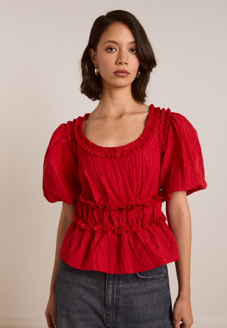 Damson Madder Everly Ruffle Blouse Red Tafetta