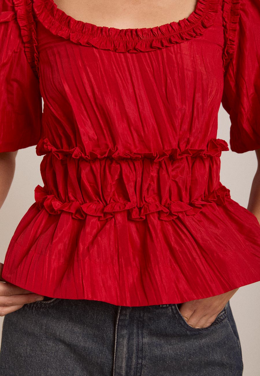 Damson Madder Everly Ruffle Blouse Red Tafetta