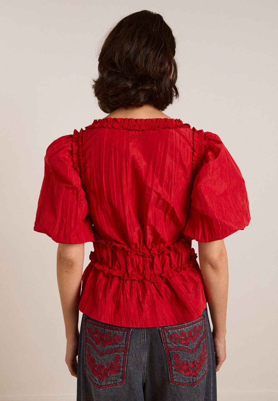 Damson Madder Everly Ruffle Blouse Red Tafetta