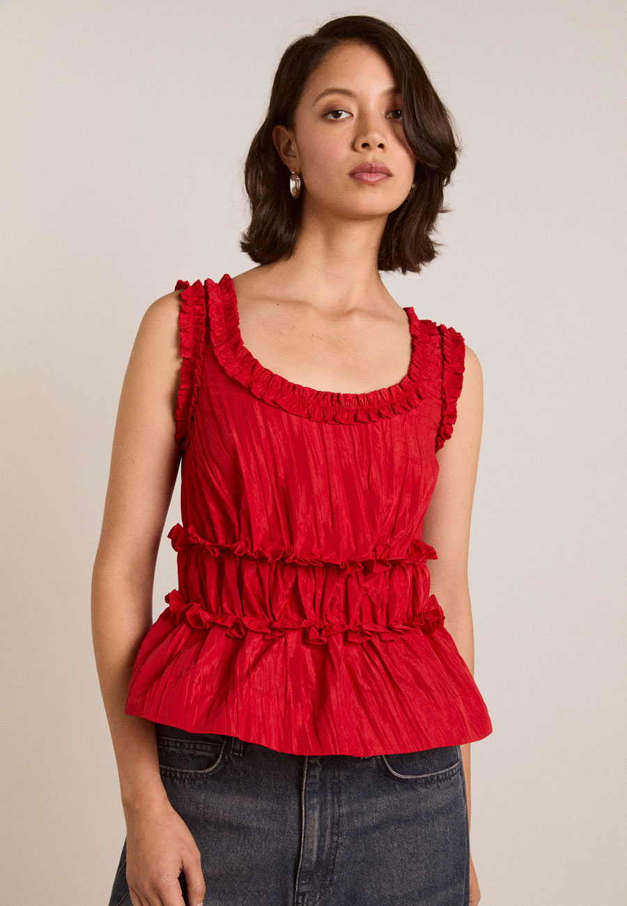 Damson Madder Everly Ruffle Blouse Red Tafetta