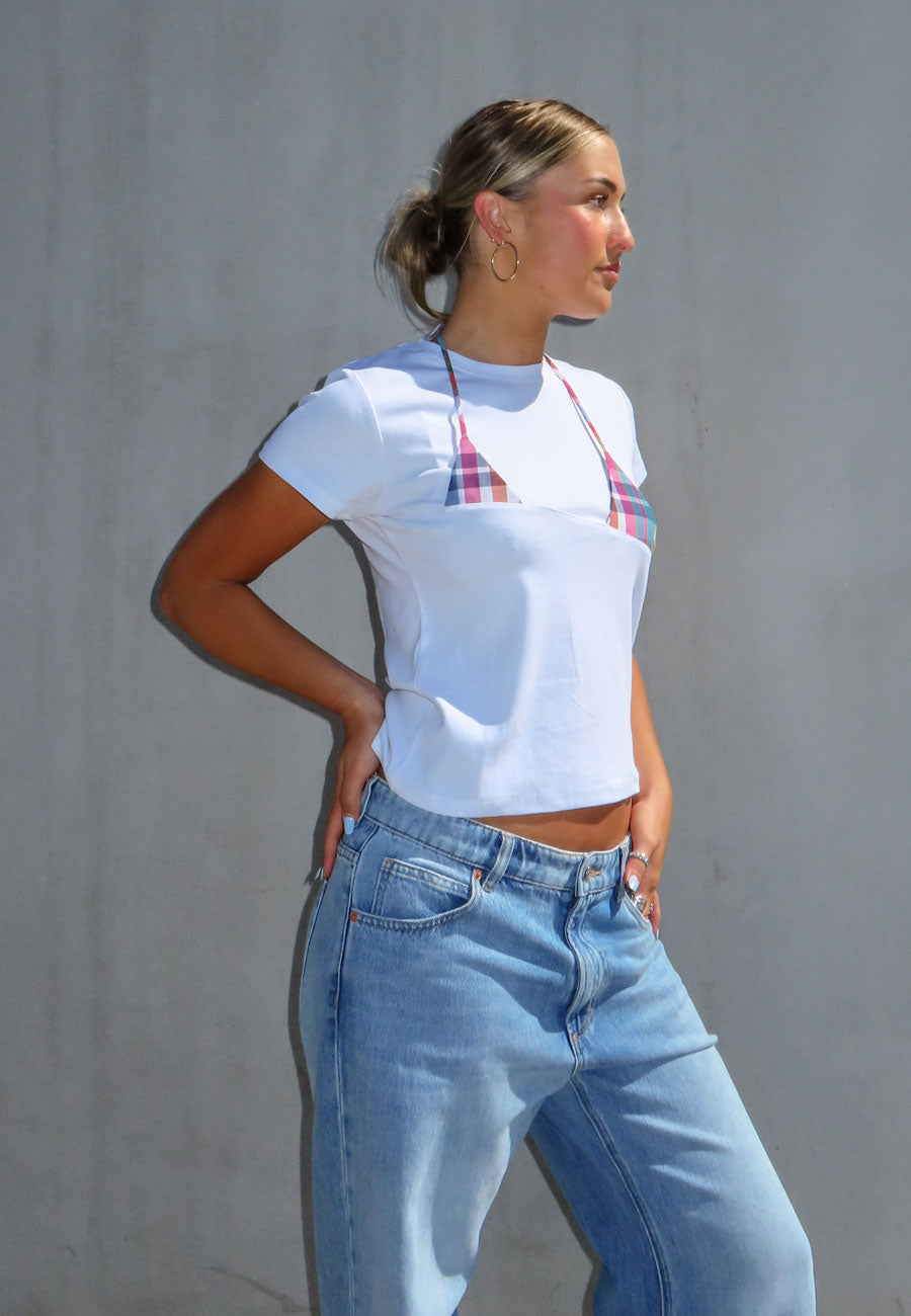 Rhoda Nunn Off-Cut Tee White Pink Madras