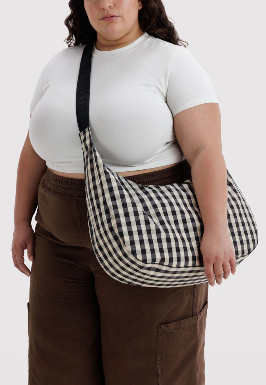 Baggu Large Nylon Crescent Bag Black and Cream Gingham