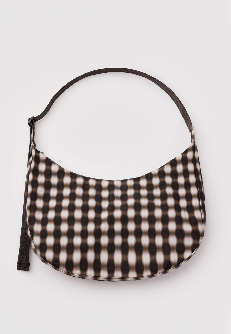 Baggu Large Nylon Crescent Bag Blurred Gingham Brown