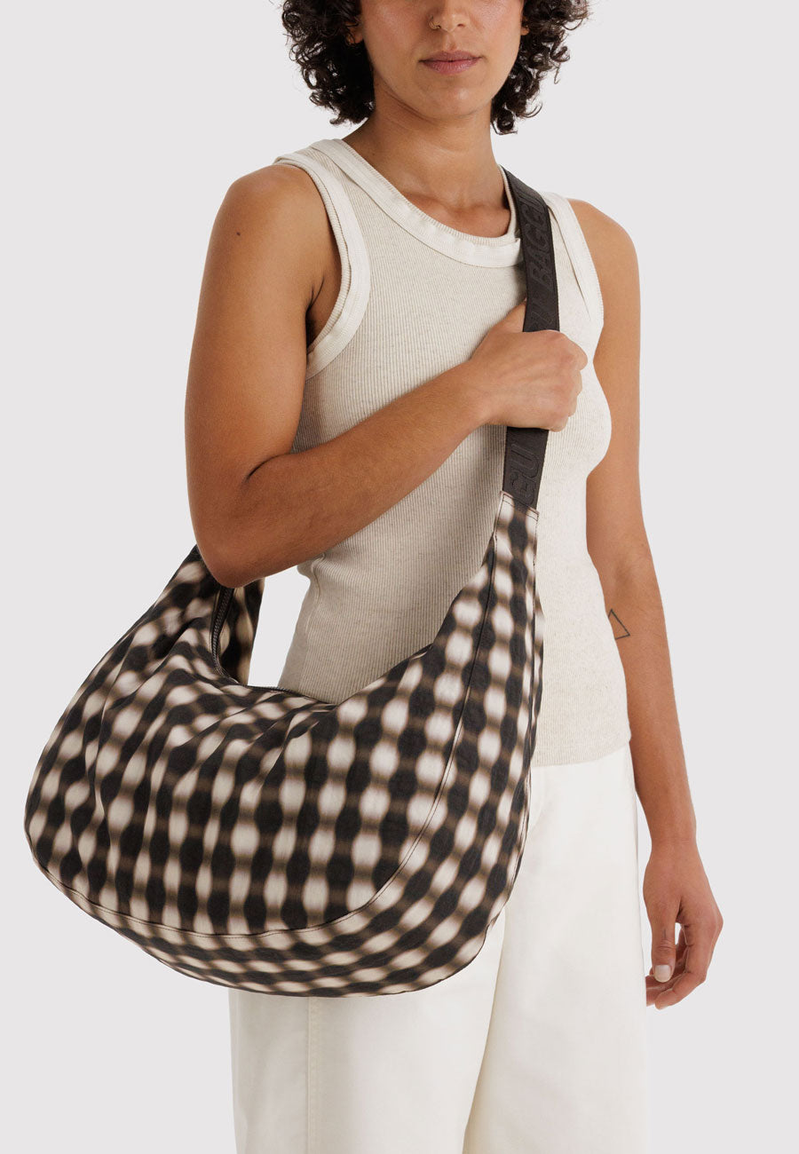 Baggu Large Nylon Crescent Bag Blurred Gingham Brown