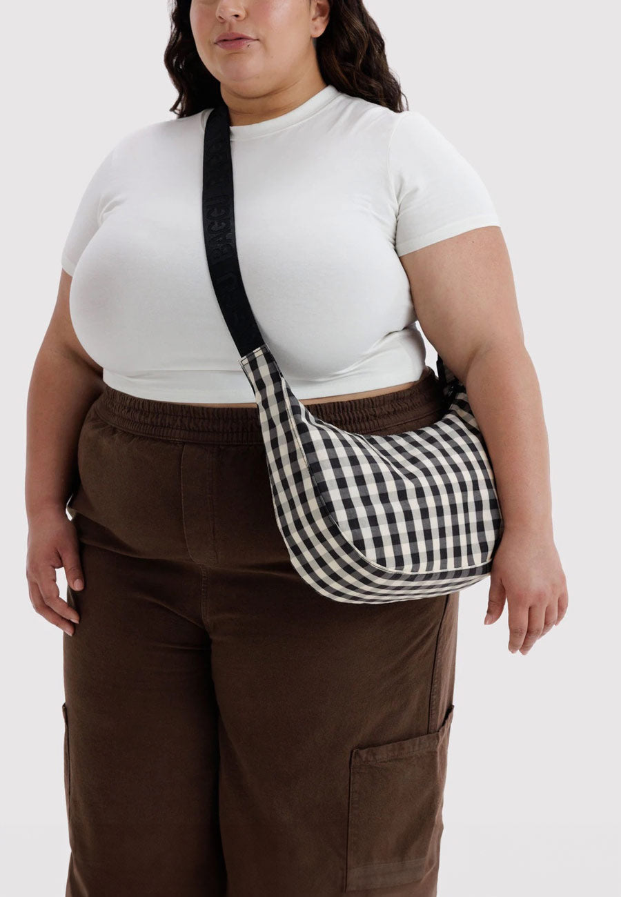Baggu Medium Nylon Crescent Bag Black and Cream Gingham