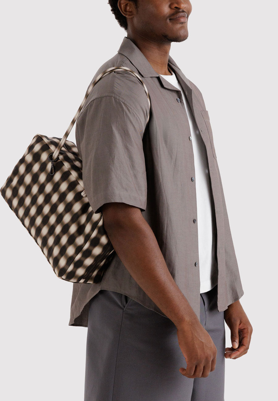 Baggu Medium Nylon Bowler Bag Blurred Gingham Brown