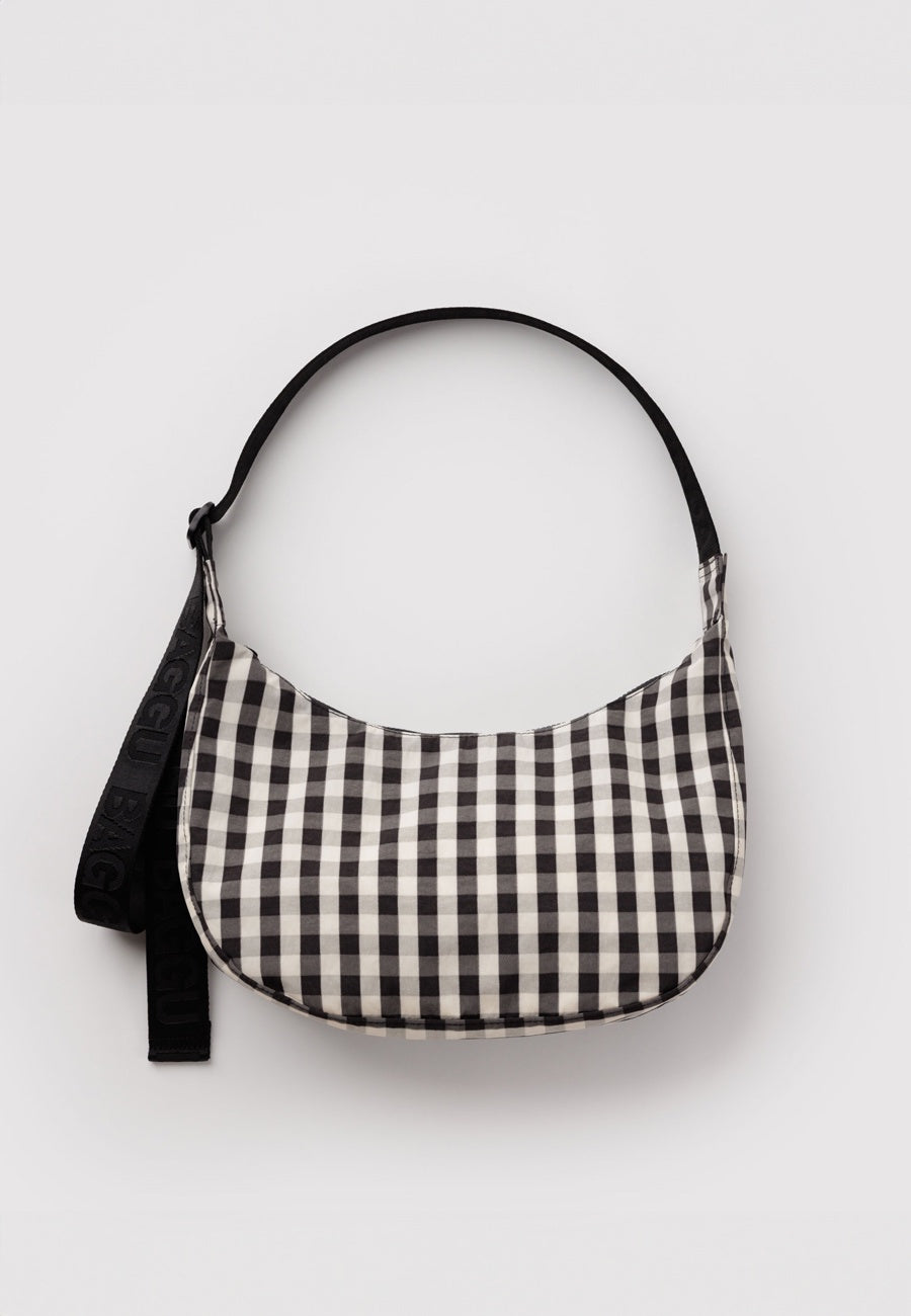 Baggu Medium Nylon Crescent Bag Black and Cream Gingham