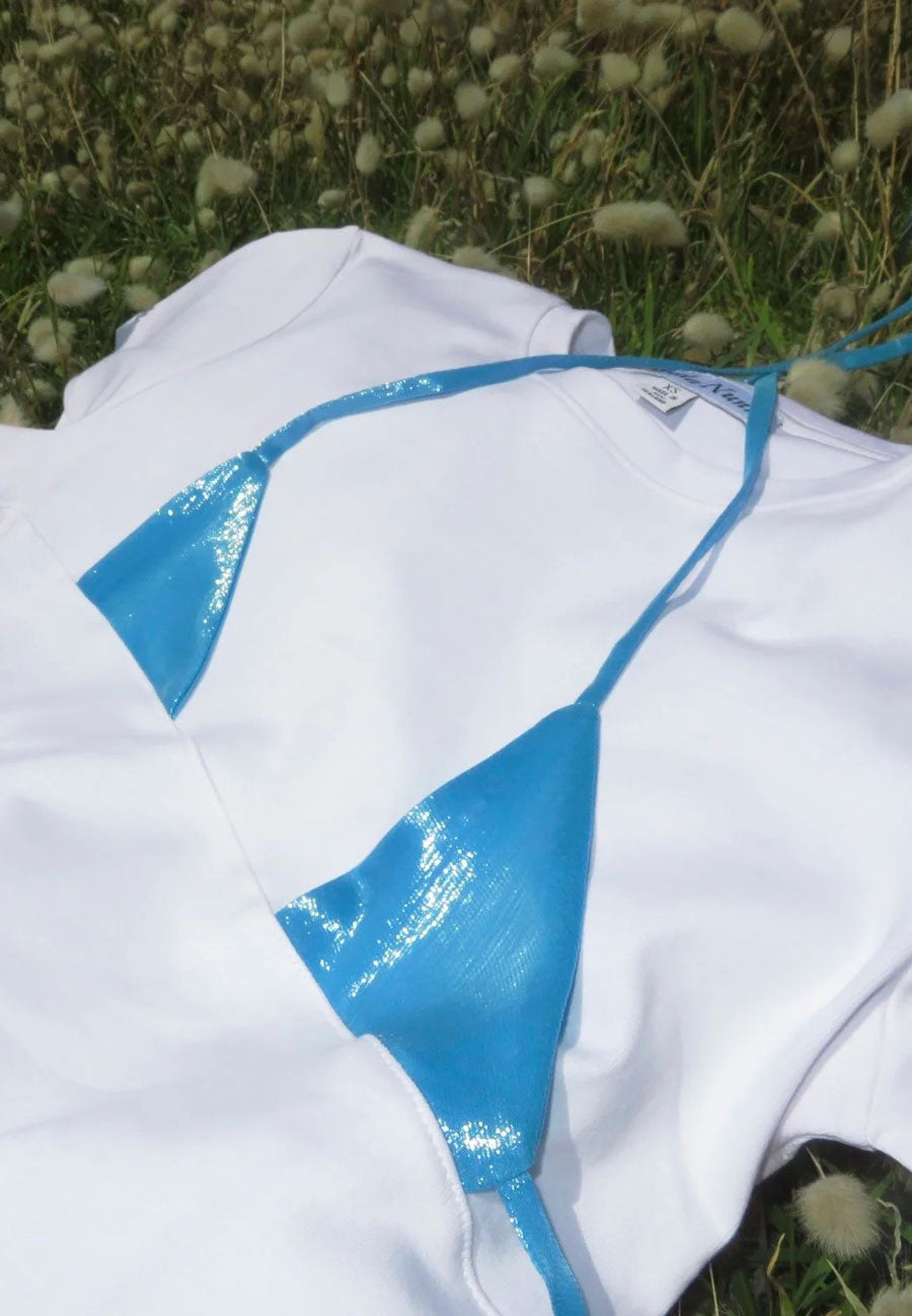 Rhoda Nunn Off-Cut Tee White Blue Metallic Silk