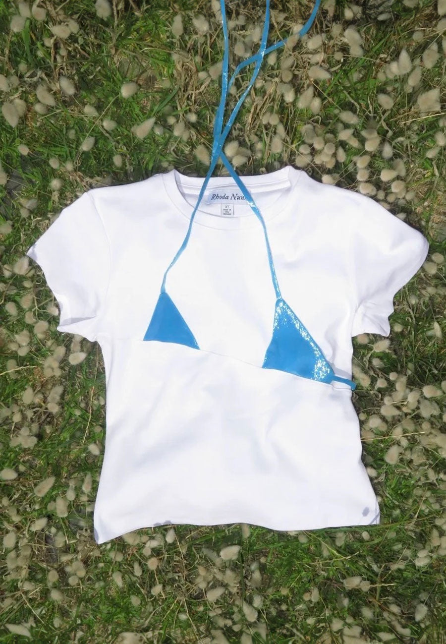 Rhoda Nunn Off-Cut Tee White Blue Metallic Silk