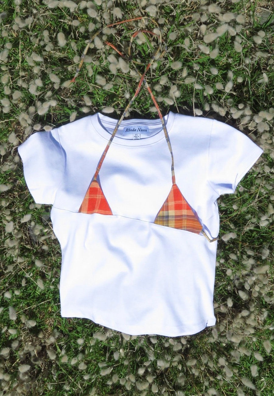 Rhoda Nunn Off-Cut Tee White Orange Check