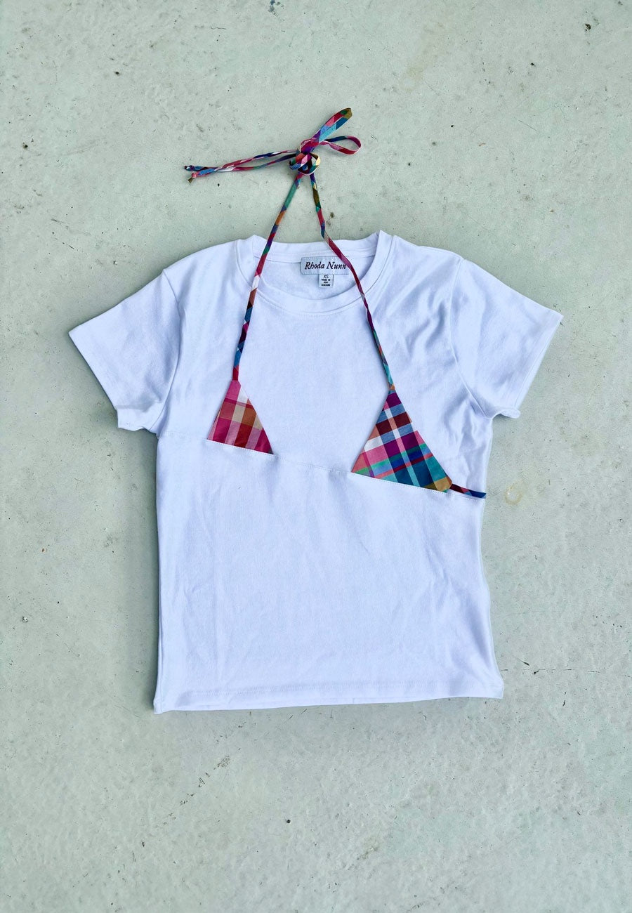 Rhoda Nunn Off-Cut Tee White Pink Madras